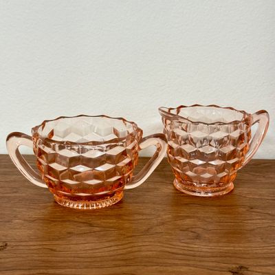 LOT 3F: Vintage Pink Depression Glass: Anchor Hocking Old Colony Round Relish Dish, Jeanette Cubist Sugar Bowl & Creamer