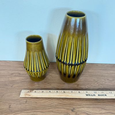 LOT 25F: Pair of MCM Bay Keramik West German Pottery Ribbed Vases, #597-17 & 586-25