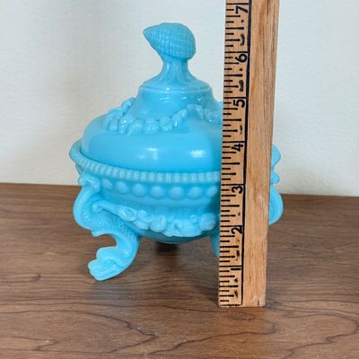LOT 42F: Vintage French Blue Opaline Milk Glass Argonaut Shell Covered Candy Dish