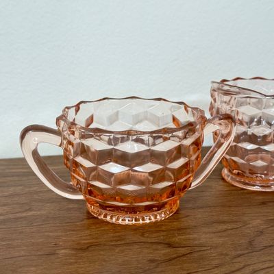 LOT 3F: Vintage Pink Depression Glass: Anchor Hocking Old Colony Round Relish Dish, Jeanette Cubist Sugar Bowl & Creamer