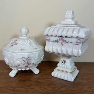 LOT 20F: 1950s/60s Westmoreland Hand Painted Milk Glass: Footed Round Trinket Dish & Square Pedestal "Wedding Cake"...