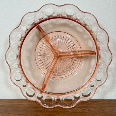 LOT 3F: Vintage Pink Depression Glass: Anchor Hocking Old Colony Round Relish Dish, Jeanette Cubist Sugar Bowl & Creamer