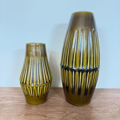 LOT 25F: Pair of MCM Bay Keramik West German Pottery Ribbed Vases, #597-17 & 586-25