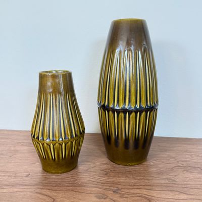 LOT 25F: Pair of MCM Bay Keramik West German Pottery Ribbed Vases, #597-17 & 586-25