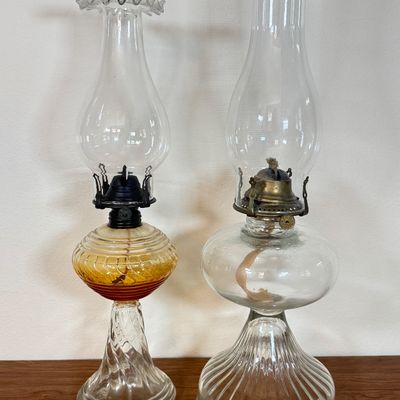 LOT 21F: Pair of Vintage Glass Hurricane Oil Lamps