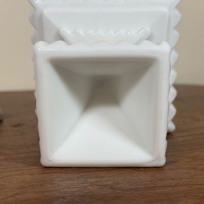 LOT 20F: 1950s/60s Westmoreland Hand Painted Milk Glass: Footed Round Trinket Dish & Square Pedestal "Wedding Cake"...