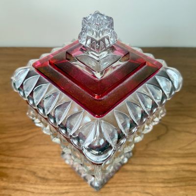 LOT 12F: 1950s Westmoreland Glass Cranberry/Ruby Flash Square Wedding Box & Vintage Cranberry Bohemian Glass Flash Cut-to-Clear Tulip...
