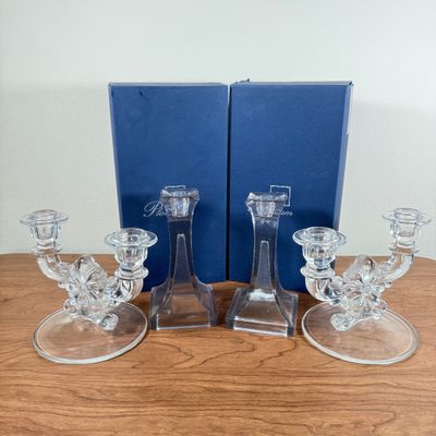 LOT 155F: Three Pairs of Glass & Crystal Candlesticks
