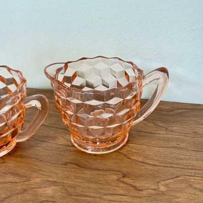 LOT 3F: Vintage Pink Depression Glass: Anchor Hocking Old Colony Round Relish Dish, Jeanette Cubist Sugar Bowl & Creamer