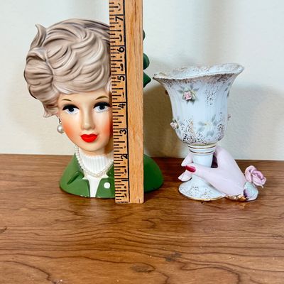 LOT 39F: 1950s Napcoware Lady Head Vase & Vintage Lefton China Lady Hand holding Goblet Vase