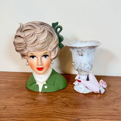 LOT 39F: 1950s Napcoware Lady Head Vase & Vintage Lefton China Lady Hand holding Goblet Vase