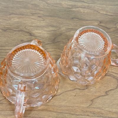 LOT 3F: Vintage Pink Depression Glass: Anchor Hocking Old Colony Round Relish Dish, Jeanette Cubist Sugar Bowl & Creamer