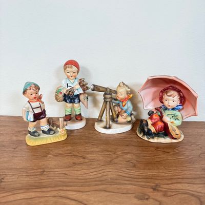 LOT 26F: Vintage Hummel-Style Porcelain Figurines: Alpine Children F449, Astrologer SH3F, Boy w Basket marked Japan & Repaired Boy w...