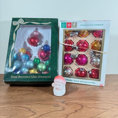 LOT 147F: Vintage Celluloid Santa Head & Vintage Glass Christmas Ornaments: Shiny Brite & More