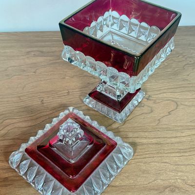 LOT 12F: 1950s Westmoreland Glass Cranberry/Ruby Flash Square Wedding Box & Vintage Cranberry Bohemian Glass Flash Cut-to-Clear Tulip...