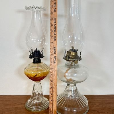 LOT 21F: Pair of Vintage Glass Hurricane Oil Lamps