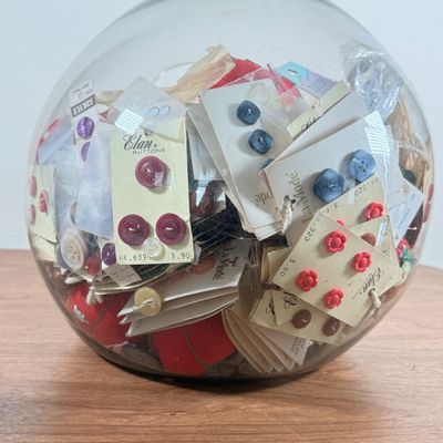 LOT 150F: Glass Terrarium Vase FULL of Tomato Pin Cushions, Buttons & More