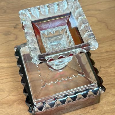 LOT 12F: 1950s Westmoreland Glass Cranberry/Ruby Flash Square Wedding Box & Vintage Cranberry Bohemian Glass Flash Cut-to-Clear Tulip...
