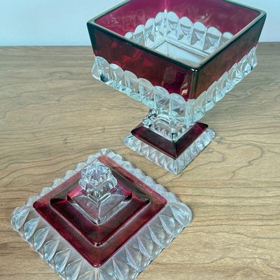 LOT 12F: 1950s Westmoreland Glass Cranberry/Ruby Flash Square Wedding Box & Vintage Cranberry Bohemian Glass Flash Cut-to-Clear Tulip...