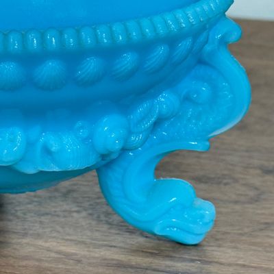 LOT 42F: Vintage French Blue Opaline Milk Glass Argonaut Shell Covered Candy Dish