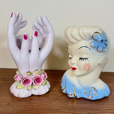 LOT 38F: Vintage Lefton China Lady Hand Vase & Glamour Girl Lady Head Planter