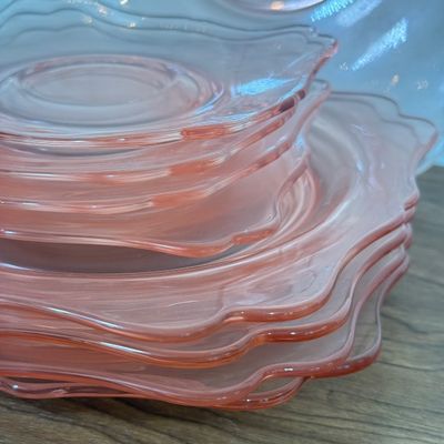LOT 18F: Vintage Heisey Pink Depression Glass: Serving Platter & 4 Each of Salad & Dinner Plates