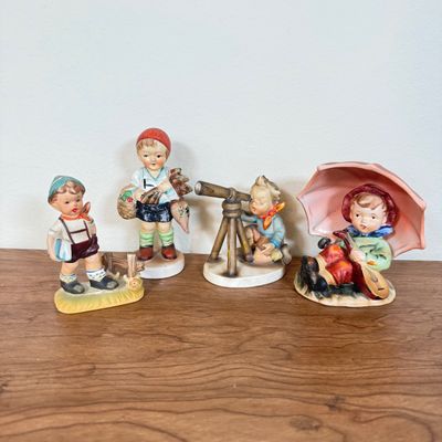 LOT 26F: Vintage Hummel-Style Porcelain Figurines: Alpine Children F449, Astrologer SH3F, Boy w Basket marked Japan & Repaired Boy w...