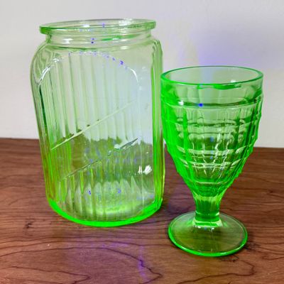 LOT 130F: Vintage Hand Blown Uranium Glass Jar & Goblet