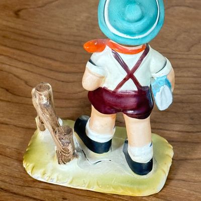 LOT 26F: Vintage Hummel-Style Porcelain Figurines: Alpine Children F449, Astrologer SH3F, Boy w Basket marked Japan & Repaired Boy w...