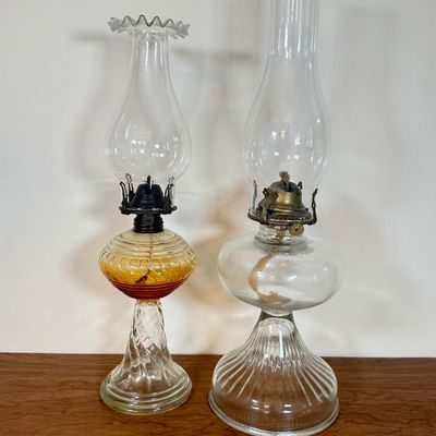 LOT 21F: Pair of Vintage Glass Hurricane Oil Lamps