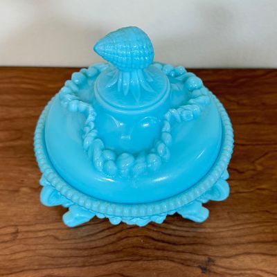 LOT 42F: Vintage French Blue Opaline Milk Glass Argonaut Shell Covered Candy Dish