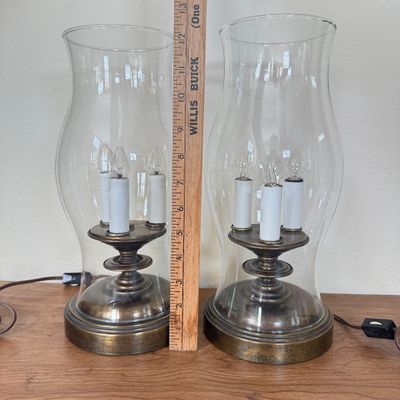 LOT 17F: Pair of Vintage Triple Light Chapman Style Brass & Glass Lamps