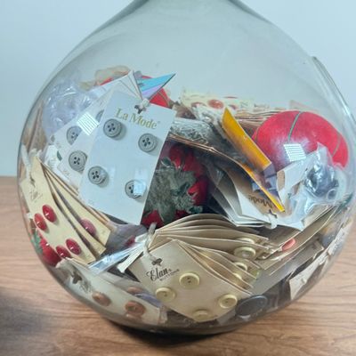LOT 150F: Glass Terrarium Vase FULL of Tomato Pin Cushions, Buttons & More