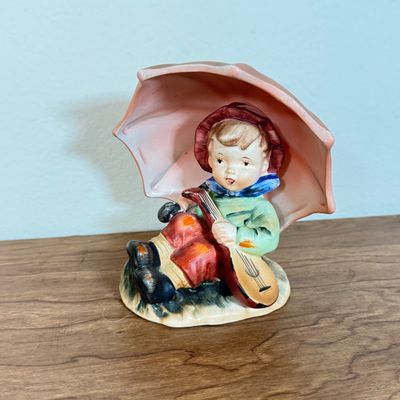 LOT 26F: Vintage Hummel-Style Porcelain Figurines: Alpine Children F449, Astrologer SH3F, Boy w Basket marked Japan & Repaired Boy w...