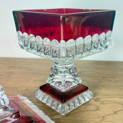 LOT 12F: 1950s Westmoreland Glass Cranberry/Ruby Flash Square Wedding Box & Vintage Cranberry Bohemian Glass Flash Cut-to-Clear Tulip...