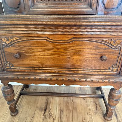 LOT 23F: 1920s/30s English Jacobean Revival/Tudor Style Carved Oak Bar Cabinet