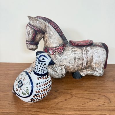 LOT 22F: Vintage Folk Art Pieces: Tolalá, Mexico Signed Pottery Bird & Hand Carved Wooden Horse