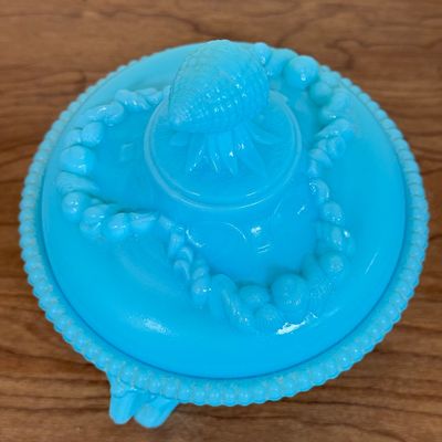 LOT 42F: Vintage French Blue Opaline Milk Glass Argonaut Shell Covered Candy Dish