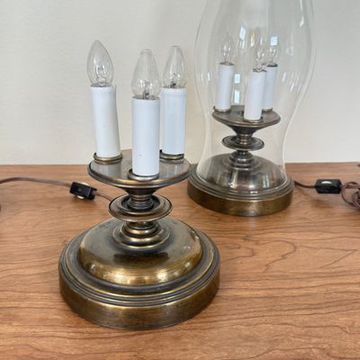 LOT 17F: Pair of Vintage Triple Light Chapman Style Brass & Glass Lamps