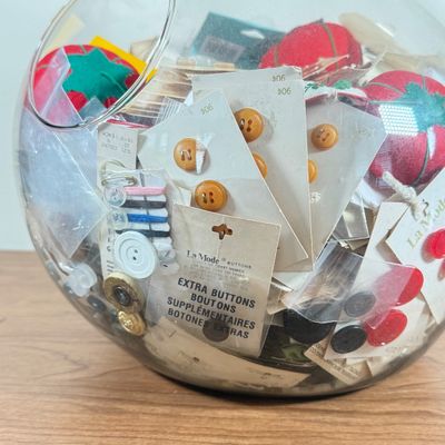 LOT 150F: Glass Terrarium Vase FULL of Tomato Pin Cushions, Buttons & More