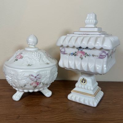 LOT 20F: 1950s/60s Westmoreland Hand Painted Milk Glass: Footed Round Trinket Dish & Square Pedestal "Wedding Cake"...