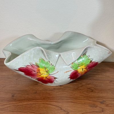 LOT 55F: Vintage Pottery: Yellow Haeger Ruffle Edge Bowl, Burton & Burton Jungle Vase & Hand Painted Fold Edge Bowl w Leaves
