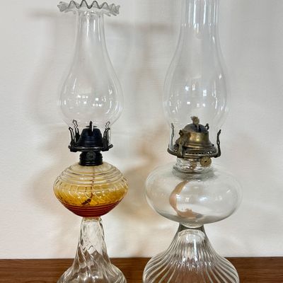 LOT 21F: Pair of Vintage Glass Hurricane Oil Lamps