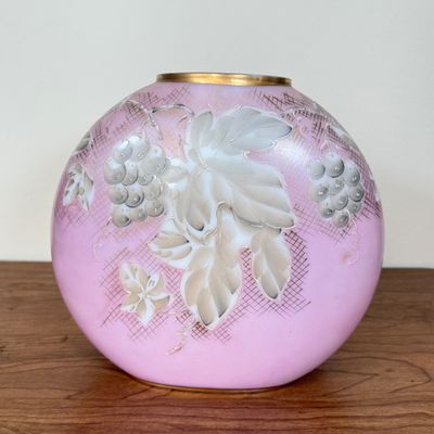 LOT 16F: Antique Charleton Hand Painted Pink Milk Glass Round Vase 4896 (9")