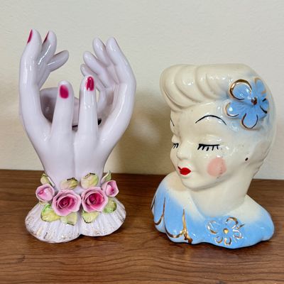 LOT 38F: Vintage Lefton China Lady Hand Vase & Glamour Girl Lady Head Planter