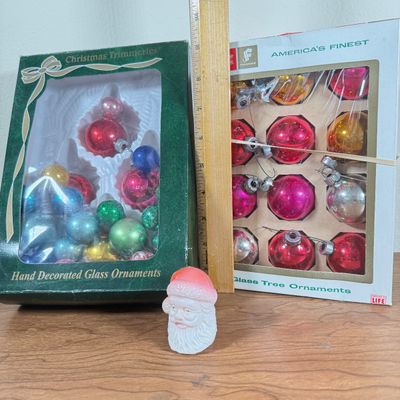 LOT 147F: Vintage Celluloid Santa Head & Vintage Glass Christmas Ornaments: Shiny Brite & More