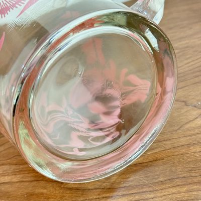 LOT 41F: Mid-Century Glass Pink Floral Pattern Pitcher & 6 Matching Glasses