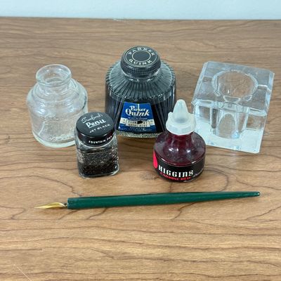 LOT 133F: Vintage Ink Wells, Jars of Ink & Fountain Pen