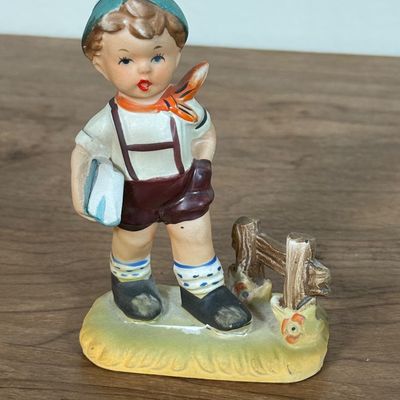 LOT 26F: Vintage Hummel-Style Porcelain Figurines: Alpine Children F449, Astrologer SH3F, Boy w Basket marked Japan & Repaired Boy w...
