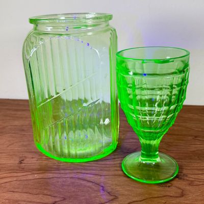 LOT 130F: Vintage Hand Blown Uranium Glass Jar & Goblet